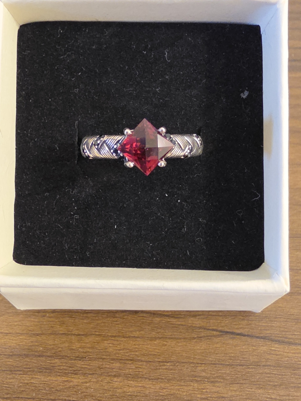 Red Garnet S925 Ring, Square Cut Gem and Braided Band - Women's Jewelry